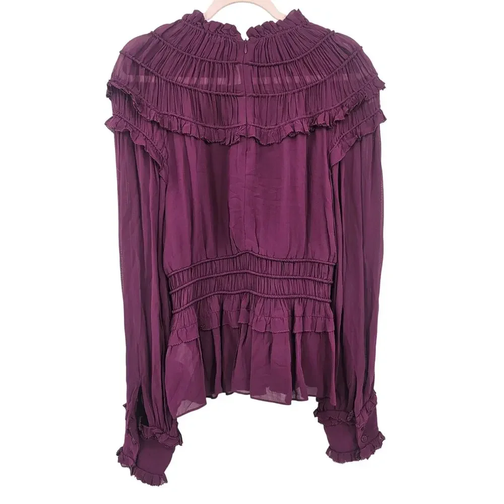 NWT Farm‎ Rio Chiffon Ruffled Blouse in Bordeaux - Sz Large - Picture 8 of 15